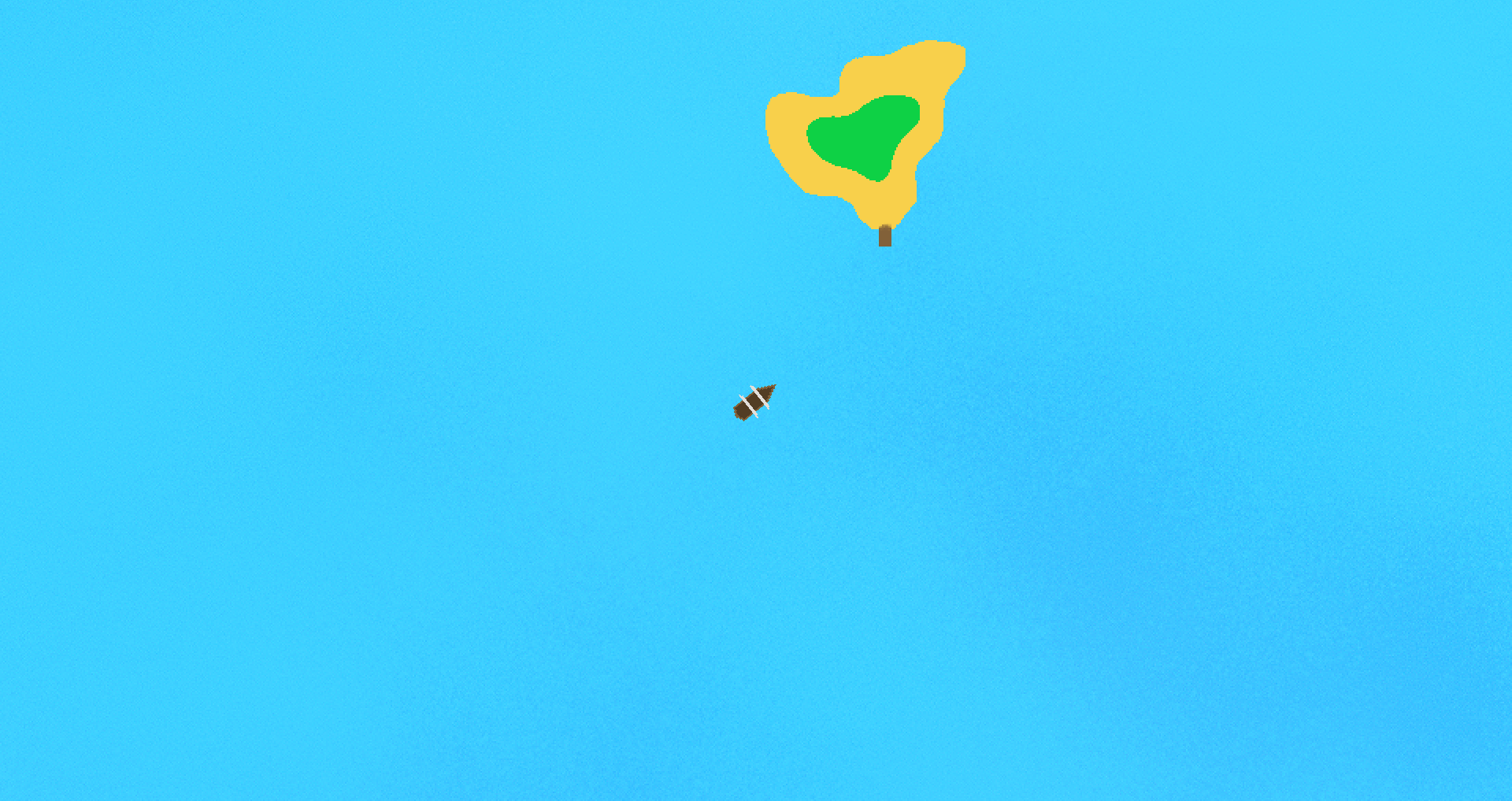 Water World Remastered. A top down view of a boat sitting in the open sea. There is an island with a small dock to the North.